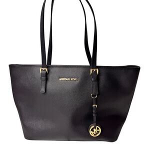 Michael Kors Black Large Tote Saffiano Leather Handbag Purse Top Zip Jet Set